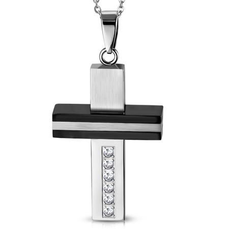 Stainless Steel Cross with Black Detail and CZs - Click Image to Close